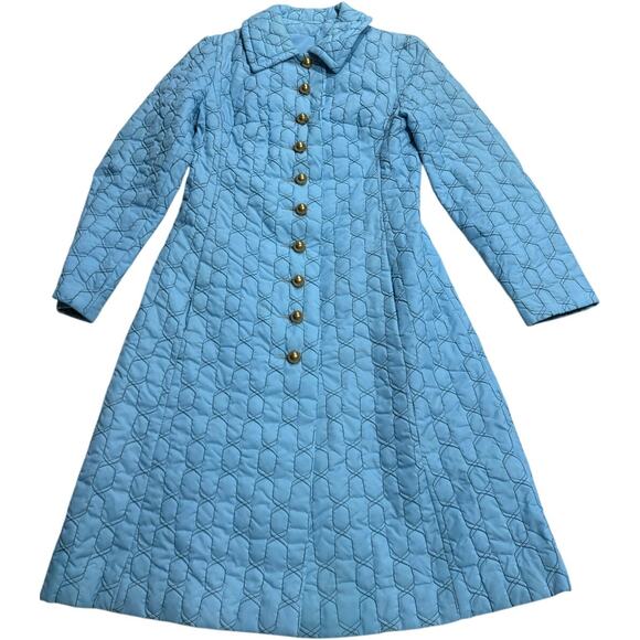 Vintage Jackets & Blazers - VTG 1960s Quilted Housecoat Bed Jacket Mid Century Womens XS Blue Gold Buttons